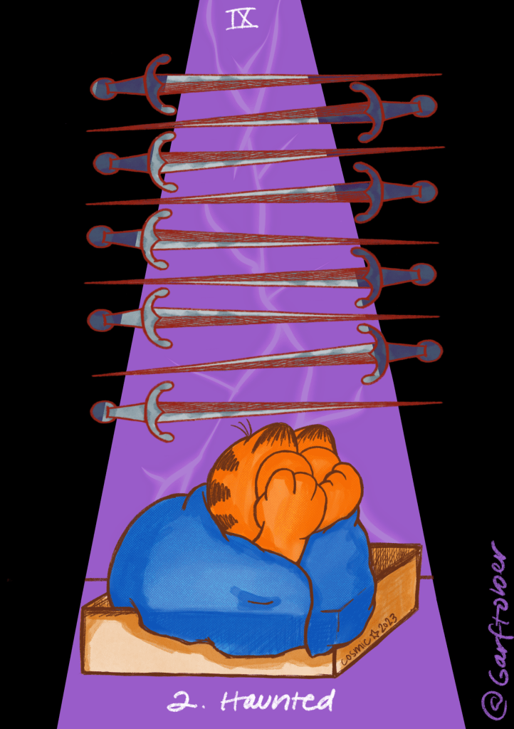 Garftober Day 2, prompt: Haunted. In a purple spotlight, Garfield, an orange cat, is cloaked in a blue blanket in his cat bed. He is sadly resting his face in his paws. Above him are 9 swords and the Roman numeral 9.