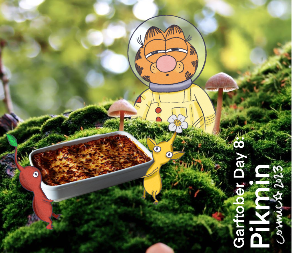 Garftober Day #8, Prompt: Pikmin. A “mixed media” piece using a photo background of a forest floor and a photo of a pan of lasagna, in which Garfield is illustrated to resemble Captain Olimar. The pan of lasagna is being carried by the red and yellow Pikmin.