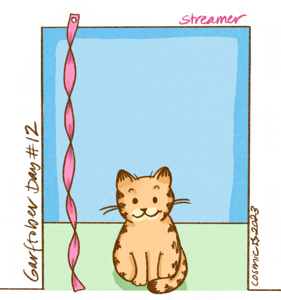Garftober Day 12, prompt: streamer. A simplified, pastel illustration of Garfield sitting in a doorway/through way on a mint green floor with a sky blue wall in the background. To the left of him is a single pink streamer tacked to the top of the doorway.