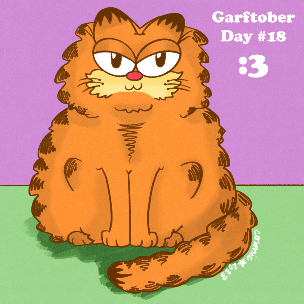 Garftober Day 18: :3 on a 2/3 purple, 1/2 green background, a fluffier, “cuter” version of Garfield with almond shaped eyes and fluffier fur. His smile is a little sideways 3.