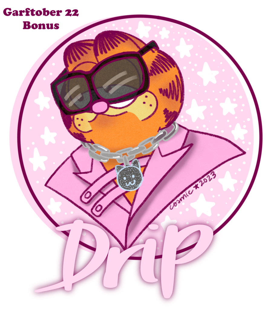Garftober day 22 bonus: Drip. An illustration of Garfield from the shoulders up wearing sunglasses, a fancy pink suit jacket, and a chain with a diamond kitty head on it. He is styled to look like Ronald Acuña Jr. on the (June) 2023 MLB All-Star game pink carpet in Seattle.