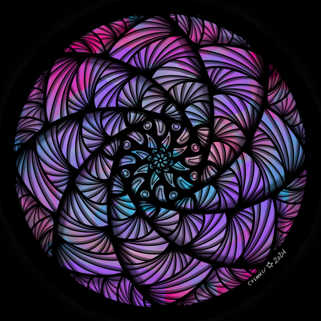 A mandala type doodle on black background featuring curved lines that swirl and different shades of blue, purple, and pink